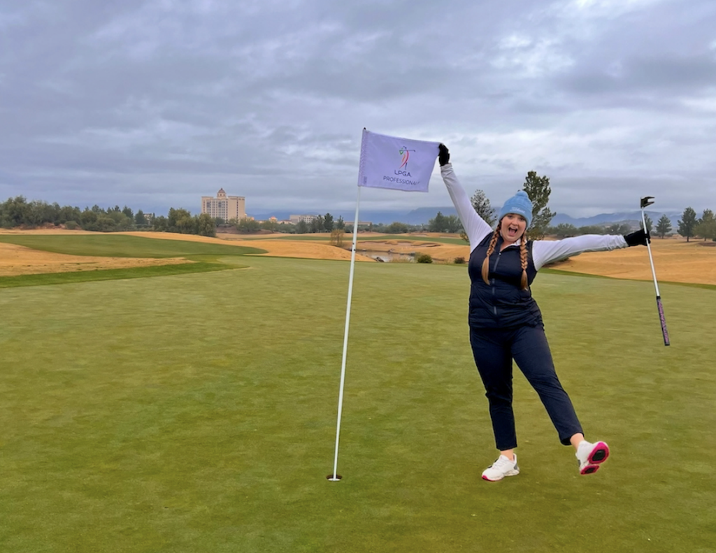 young lady girl playing golf and having fun on an affordable golf course